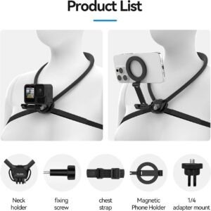 TELESIN Magnetic Neck Mount for Phones, Neck Phone Holder POV/Vlog Mount | Hand Free Phone Neck Holder Chest Stand Strap Video Recording for iPhone 17 16 15...