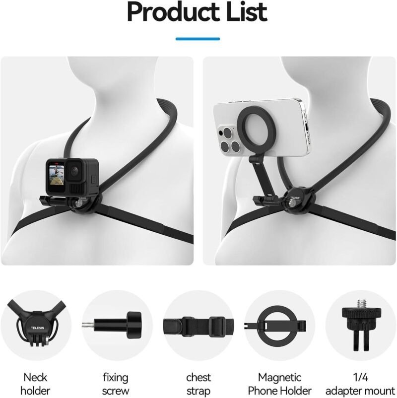 TELESIN Magnetic Neck Mount for Phones, Neck Phone Holder POV/Vlog Mount | Hand Free Phone Neck Holder Chest Stand Strap Video Recording for iPhone 17 16 15...