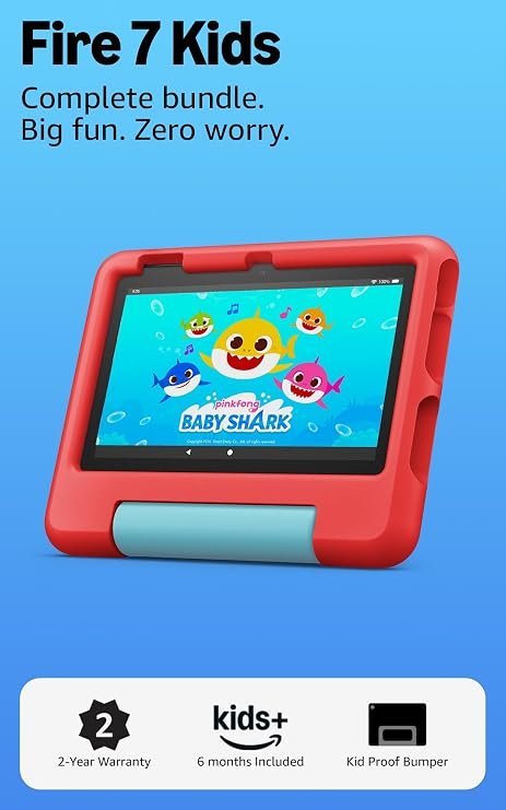 Amazon Fire 7 Kids tablet, ages 3-7 kids tablet. Includes ad-free and exclusive content, easy parental controls, 10-hr battery...