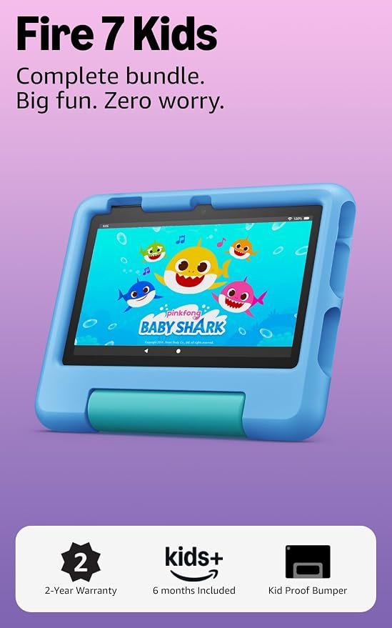 Amazon Fire 7 Kids tablet, ages 3-7. Top-selling 7" kids tablet on Amazon. Includes ad-free and exclusive content, easy parental controls, 10-hr battery...