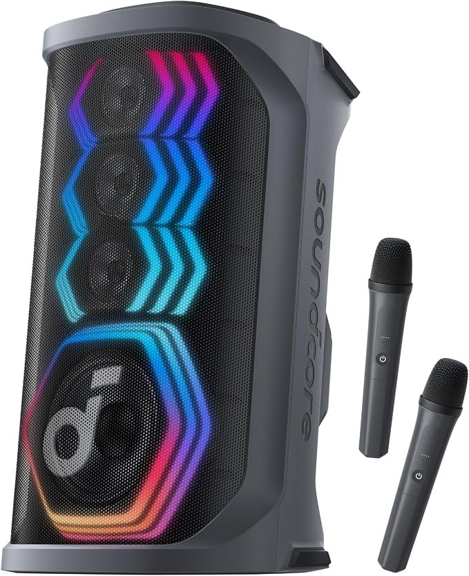 Soundcore Rave 3S AI Party Speaker by Anker, AI Vocal Removal, 200W Sound | 2 Wireless Microphones Included, Reverb, Light Show, 12H Playtime, Portable
