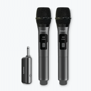 Philips DLM3401TP/00 Dual Wireless Microphone System, 2.4GHz Dynamic Mics, 30m Range, Rechargeable Receiver, 4-Level Vocal Gain, 6.3mm + 3.5mm Adapter, Karaoke & Singing