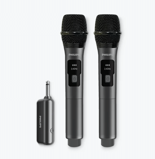 Philips DLM3401TP/00 Dual Wireless Microphone System, 2.4GHz Dynamic Mics, 30m Range, Rechargeable Receiver, 4-Level Vocal Gain, 6.3mm + 3.5mm Adapter, Karaoke & Singing