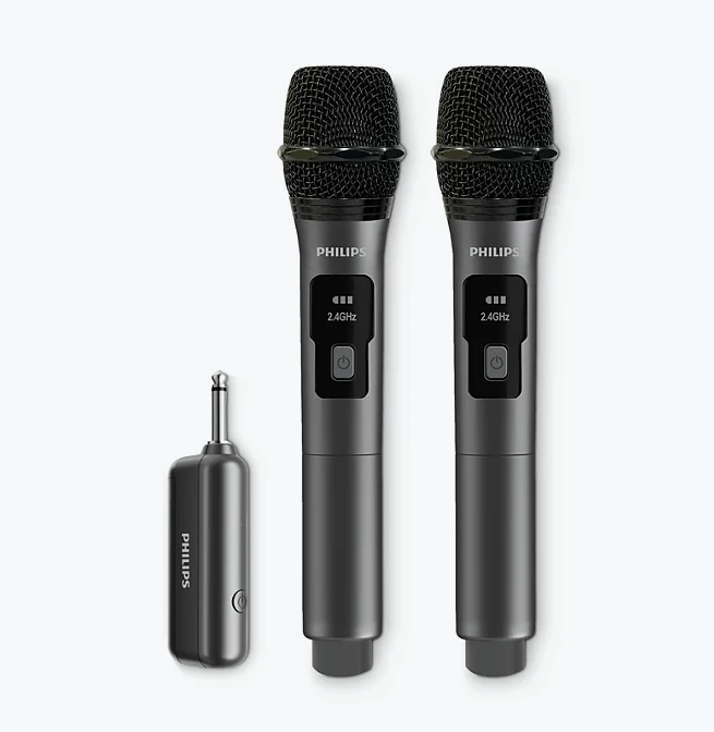 Philips DLM3401TP/00 Dual Wireless Microphone System, 2.4GHz Dynamic Mics, 30m Range, Rechargeable Receiver, 4-Level Vocal Gain, 6.3mm + 3.5mm Adapter, Karaoke & Singing