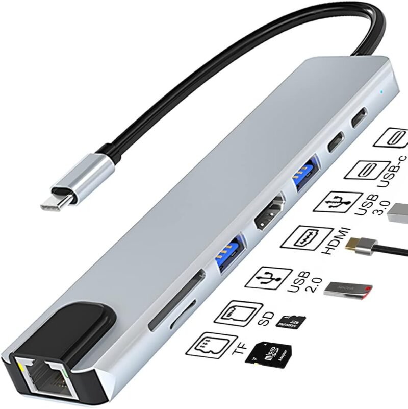 TYPE C to HDTV Hub,8 in 1 USB C Hub to HDMI 4K Adapter,USB C to Ethernet Adapter,Ethernet LAN Adapter,USB Hub Adapter 5Gbps,SD/TF Card Reader,78W Power Supply